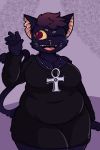  ankh blue_fur cat clothing dress feline female fur hair invalid_tag jewelry mae_(nitw) mammal necklace night_in_the_woods one_eye_closed overweight red_hair salamikii simple_background slightly_chubby smile solo thick_thighs waving wearing_friend&rsquo;s_clothing wink 