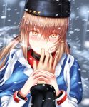  black_bow blue_shawl blush bow brown_hair commentary_request eyebrows_visible_through_hair finger_in_mouth finger_sucking hair_between_eyes hair_ornament hairclip hat jacket kantai_collection long_hair long_sleeves looking_at_viewer orange_eyes out_of_frame outdoors papakha pov pov_hands red_shirt sabakuomoto scarf shawl shirt snowing solo_focus star tashkent_(kantai_collection) torn_scarf twintails white_jacket white_scarf winter wrist_grab 