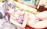  2018 bangs bare_shoulders blush bra breasts closed_mouth collarbone commentary_request corded_phone dated eyebrows_visible_through_hair floral_print flower food fruit girlfriend_(kari) groin hair_between_eyes hair_flower hair_ornament highres lens_flare lingerie long_hair looking_at_viewer low_twintails masa_(mirage77) medium_breasts navel panties petals phone pink_eyes rotary_phone shigeto_akiho signature silver_hair solo stomach tatami twintails underwear underwear_only veranda water watermelon 