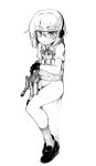  1girl ashiya_saki borrowed_character bottomless female gun highres monochrome original sakifox solo standing sweat visor weapon 