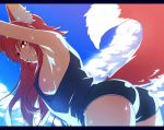  animal_ears armpits ass bare_shoulders blue_background blue_sky boyshorts breasts cloud cloudy_sky commentary_request day fox_ears fox_tail from_side hand_up konshin large_breasts letterboxed long_hair looking_at_viewer looking_to_the_side original parted_lips purple_shirt red_eyes red_hair shirt sideboob sky sleeveless sleeveless_shirt solo sweat tail 