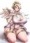  1girl blonde_hair blue_eyes blush breasts cleavage curvy huge_breasts kneeling looking_at_viewer mercy_(overwatch) microskirt midriff navel overwatch parted_lips simple_background smile solo spindles thick_thighs thong white_background wide_hips wings 