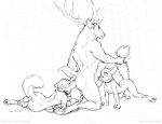  2018 adam_wan ambiguous_gender anal anthro anthro_on_anthro antlers balls breasts butt canine cervine collar cum cum_from_ass cum_on_ground elk female fox fur group group_sex hooves horn interspecies larger_male lying male male/ambiguous male/female mammal monochrome muscular muscular_male oral pawpads paws penis rimming ring sex simple_background size_difference sketch small_breasts smaller_female surprise tail_pull threesome white_background 
