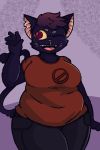  belt blue_fur cat clothing feline female fur hair invalid_tag jeans mae_(nitw) mammal night_in_the_woods one_eye_closed overweight pants red_eyes red_hair salamikii shirt simple_background slightly_chubby smile solo t-shirt thick_thighs waving wink 