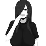  between_breasts black_hair black_shirt breasts grey_eyes greyscale hair_over_one_eye highres huge_breasts long_hair monochrome nao_(ritsancrossover) original pai-chan_(nao) shirt short_sleeves simple_background solo tears upper_body yawning 