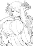  breasts granblue_fantasy greyscale hair_ornament hair_over_one_eye hands_up horns huge_breasts long_sleeves looking_at_viewer monochrome narmaya_(granblue_fantasy) pointy_ears ribbed_sweater shiki_(psychedelic_g2) simple_background solo sweater upper_body white_background 