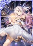  akkijin black_background breasts brown_eyes bubble card_(medium) dress medium_breasts official_art orb orbit orbital_ring pink_hair shinkai_no_valkyrie star stone universe white_dress 