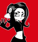  greyscale hand_up highres looking_at_viewer midriff monochrome murasaki_saki navel octarian octoling outline parody parted_lips persona persona_5 red_background simple_background skirt solo splatoon_(series) splatoon_2 standing tentacle_hair white_outline 