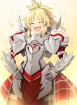  :d ^_^ armor artist_name bangs blonde_hair blush closed_eyes commentary_request cowboy_shot eyebrows_visible_through_hair facing_viewer fang fate/apocrypha fate_(series) gauntlets hands_on_hips head_tilt high_ponytail laughing long_hair mordred_(fate) mordred_(fate)_(all) open_mouth ponytail smile solo sparkle twitter_username tyone v-shaped_eyebrows 