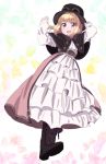  :d belt black_hat boots brown_capelet brown_footwear capelet commentary_request from_below full_body hat iijima_yun long_skirt long_sleeves looking_at_viewer new_game! open_mouth pink_skirt pink_x red_eyes short_hair skirt smile solo standing top_hat 