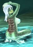  1girl 7_percent ass blue_eyes breasts female from_behind green_skin kappa long_hair looking_back monster_girl nude original partially_submerged solo squatting tail water webbed_feet wet white_hair 