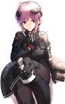  ahoge braid brown_eyes commentary cyborg gloves hand_on_own_chest headpiece headwear_removed helmet helmet_removed jacket kfr leg_armor leg_up long_hair original pantyhose prosthesis prosthetic_arm prosthetic_leg purple_hair sitting solo tactical_clothes thigh_strap white_background 