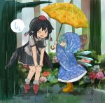  ;d black_hair blue_hair blush boots cirno eyebrows_visible_through_hair fang flower forest geta height_difference holding holding_umbrella ice ice_wings kototoki multiple_girls nature one_eye_closed open_mouth pointy_ears rain raincoat rubber_boots shameimaru_aya shared_umbrella short_hair sketch smile speech_bubble spoken_sweatdrop sweatdrop tiptoes touhou umbrella wings 