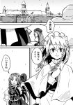  bow braid comic commentary_request gate greyscale hair_bow hat hat_removed headwear_removed hong_meiling izayoi_sakuya maid_headdress miero monochrome multiple_girls open_mouth scarlet_devil_mansion snowing star touhou translation_request twin_braids 