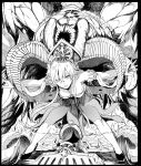  1boy 1girl anastasia_(fate/grand_order) bare_shoulders bent_over breasts cleavage crown doll eyebrows_visible_through_hair fate/grand_order fate_(series) greyscale hair_between_eyes high_heels horns ivan_the_terrible_(fate/grand_order) long_hair looking_at_viewer monochrome outstretched_arms parted_lips spread_legs syatey 