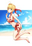  ahoge bangs barefoot beach bikini blonde_hair blue_sky blunt_bangs blush bow breasts cleavage cloud criss-cross_halter day eyebrows_visible_through_hair fate/grand_order fate_(series) green_eyes groin hair_bow halterneck highres index_finger_raised large_breasts looking_at_viewer maki_(pixiv9288678) nero_claudius_(fate)_(all) nero_claudius_(swimsuit_caster)_(fate) ocean outdoors red_bikini red_bow short_hair sideboob sidelocks sky smile solo striped striped_bikini swimsuit 