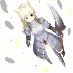  animal_ears armor blonde_hair commentary_request eyebrows_visible_through_hair full_body highres holding holding_lance holding_weapon kemono_friends lance long_hair looking_at_viewer polearm rhinoceros_ears smile solo tamiku_(shisyamo609) weapon white_background white_rhinoceros_(kemono_friends) 