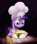  2017 batter black_background bowl chef_hat cooking cute egg equine eyebrows eyelashes feathered_wings feathers female feral flour friendship_is_magic hair hat hi_res hooves horn inside looking_down mammal mostly_nude multicolored_hair my_little_pony portrait purple_eyes purple_feathers rolling_pin simple_background smile solo table taneysha twilight_sparkle_(mlp) winged_unicorn wings 