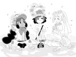  amagaeru_(amapippi052525) beanie bonnet closed_eyes comfey commentary_request gen_7_pokemon gloves greyscale hapu'u_(pokemon) hat head_wreath island_kahuna jumpsuit lillie_(pokemon) long_hair mizuki_(pokemon) monochrome multiple_girls pokemon pokemon_(creature) pokemon_(game) pokemon_sm ponytail short_hair short_sleeves shorts sitting skirt smile thick_eyebrows z-ring 