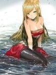 angelia arm_support bangs bare_shoulders black_legwear blonde_hair blush breasts collarbone commentary_request danann dress earrings eyebrows_visible_through_hair green_eyes highres jewelry lips long_hair looking_at_viewer medium_breasts off_shoulder pantyhose partially_submerged red_dress sdorica_-sunset- short_dress sitting solo swept_bangs water wet wet_clothes 