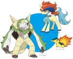  black_eyes chesnaught claws cyndaquil eyes_closed fire full_body gen_2_pokemon gen_5_pokemon gen_6_pokemon grey_eyes hatenakayubi horn japanese_text keldeo no_humans pokemon pokemon_(creature) simple_background standing tail translation_request two-tone_background 