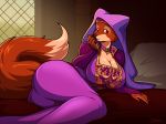  2018 anthro bed bedding big_breasts blanket blazbaros breasts canine cleavage clothed clothing disney dress female fox fur invalid_tag jewelry maid_marian mammal necklace orange_fur pillow pose robin_hood_(disney) solo 
