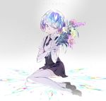  1other character_name collared_shirt diamond_(houseki_no_kuni) flower full_body houseki_no_kuni looking_down looking_to_the_side nnnnoooo007 shirt short_hair sitting solo sparkle thighhighs wing_collar 