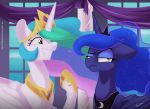  2018 annoyed blue_feathers cosmic_hair crown cute duo equine eyebrows eyelashes eyeshadow feathered_wings feathers female feral floppy_ears friendship_is_magic frown grin hair half-closed_eyes hi_res hooves horn inside long_hair looking_away makeup mammal mascara multicolored_hair my_little_pony nude princess_celestia_(mlp) princess_luna_(mlp) purple_eyes rainbow_hair raised_eyebrow royalty sibling signature sisters smile standing taneysha teal_eyes teeth url white_feathers window winged_unicorn wings 