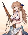  :d absurdres bangs bikini blue_ribbon blush breasts brown_hair dungbae girls_frontline green_eyes gun hair_between_eyes hair_ribbon hair_rings highres holding holding_gun holding_weapon large_breasts long_hair looking_at_viewer m1903_springfield m1903_springfield_(girls_frontline) o-ring o-ring_bikini open_mouth ponytail ribbon sarong sidelocks smile solo swimsuit weapon white_bikini 