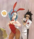  1boy 1girl animal_ears black_hair bow bowtie breasts brown_legwear bunny_ears bunny_tail bunnysuit cellphone choker cleavage collarbone covered_navel cowboy_shot ear_piercing fairy_tail fake_animal_ears flower formal gajeel_redfox hairband holding holding_phone jacket leotard levy_mcgarden long_hair necktie nose_piercing pants pantyhose phone piercing red_bow red_flower red_hairband red_leotard red_neckwear rusky shirt sleeveless small_breasts smartphone standing striped_leotard sunglasses tail triangle_mouth white_jacket white_pants white_shirt wrist_cuffs 