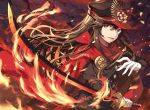  :d akae_neo black_hat black_jacket cape eyebrows_visible_through_hair eyebrows_visible_through_hat fate/grand_order fate_(series) fire gloves hair_between_eyes hat highres holding holding_sword holding_weapon jacket katana long_hair military military_hat military_uniform oda_nobunaga_(fate) open_mouth red_cape red_eyes smile solo standing sword uniform upper_body weapon white_gloves 