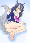  1girl animal_ears ass barefoot blue_eyes blue_hair bra feet grey_wolf_(kemono_friends) heterochromia kemono_friends long_hair looking_at_viewer open_blouse smile soles tail toes yellow_eyes 