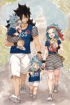  2girls black_hair blue_hair blue_shirt blue_sky closed closed_eyes day eyes fairy_tail flower food gajeel_redfox grin hair_flower hair_ornament hand_on_another's_head headband holding holding_food holding_hands holding_person ice_cream levy_mcgarden long_hair miniskirt multiple_boys multiple_girls nose_piercing open_mouth outdoors piercing rusky shirt shoes short_sleeves shorts skirt sky smile sneakers striped striped_skirt tongue tongue_out tree white_footwear white_shorts wristband yellow_flower 