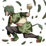  animal_ears aurochs_(kemono_friends) black_legwear brown_eyes camouflage camouflage_shirt camouflage_shorts collared_shirt commentary_request dark_green_hair empty_eyes from_side green_footwear green_hair grin highres holding holding_lance holding_weapon horn_lance horns kemono_friends lance long_sleeves looking_at_viewer midriff necktie pantyhose polearm shirt short_hair short_over_long_sleeves short_sleeves shorts smile solo tail tamiku_(shisyamo609) teeth weapon white_background 