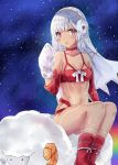  akaya_(pixiv20545353) altera_(fate) altera_the_santa animal bra breasts cleavage collarbone dark_skin detached_sleeves fate/grand_order fate_(series) gloves highres looking_at_viewer medium_breasts mittens navel outdoors panties rainbow red_bra red_eyes red_footwear red_panties ribbon riding shiny shiny_skin short_hair silver_hair sitting snowing solo underwear veil white_gloves white_ribbon 