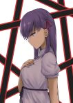  arm_behind_back bangs black_ribbon dress eyebrows_visible_through_hair fate/stay_night fate_(series) from_side hair_between_eyes hair_ribbon highres long_hair maki_(pixiv9288678) matou_sakura pink_ribbon purple_eyes purple_hair ribbon short_sleeves solo upper_body white_dress 