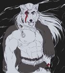  2018 abs anthro black_nose braided_hair brown_eyes canine clothed clothing digital_media_(artwork) fur hair heterochromia inkrend male mammal muscular simple_background solo topless white_fur white_hair wolf 