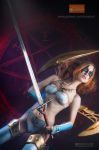  1girl armor bodypaint boots breasts brown_hair cosplay costume curly_hair jewel jewelry long_hair patreon photo pussy sacred_2 seraphim_(sacred) solo standing sword tagme uncensored weapon 