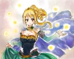  blonde_hair blue_cape breasts brown_eyes cape detached_sleeves earrings eyebrows_visible_through_hair fairy_tail floating_hair hair_between_eyes jewelry large_breasts lucy_heartfilia rusky signature sketch skirt skirt_hold solo standing striped 