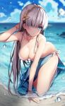  all_fours anastasia_(fate/grand_order) arm_up bangs bare_shoulders beach bikini blue_eyes blue_sky blurry bracelet breasts cleavage cloud collarbone commentary_request day depth_of_field earrings eyebrows_visible_through_hair fate/grand_order fate_(series) gold_trim hair_over_one_eye hairband head_tilt highres horizon jewelry large_breasts long_hair looking_at_viewer necklace necomi outdoors parted_lips sarong silver_hair sky solo strap_gap swimsuit water water_drop wet white_bikini 