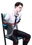  android arms_behind_back belt black_neckwear black_pants blood blood_from_mouth blood_splatter bloody_clothes blue_blood bound bound_legs bound_torso brown_eyes brown_hair commentary connor_(detroit) detroit:_become_human expressionless grey_jacket highres jacket looking_at_viewer open_clothes open_jacket pants par. rope shirt sitting solo white_background white_shirt 