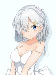  alternate_costume bare_shoulders blush breasts cleavage closed_mouth collarbone dress eyebrows_visible_through_hair hair_ornament hair_over_one_eye hairclip hamakaze_(kantai_collection) harukawa_(hal501) highres kantai_collection large_breasts looking_at_viewer messy_hair off_shoulder short_hair silver_hair simple_background smile solo strap_slip upper_body white_background white_dress 