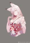  animal_ear_fluff animal_ears bare_shoulders breasts cleavage fox_ears fox_girl grey_background hair_over_one_eye highres japanese_clothes kimono large_breasts looking_at_viewer obi off_shoulder original pale_color parted_lips pink rocco sash silver_hair simple_background slit_pupils solo unfinished weibo_username wide_sleeves yellow_eyes 