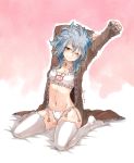  animal_band_legwear arms_up bed_sheet blue_hair borrowed_garments bra breasts cat_band_legwear cat_lingerie cleavage cleavage_cutout fairy_tail full_body groin highres kneeling levy_mcgarden long_hair meme_attire navel no_shoes panties rusky side-tie_panties sitting sketch small_breasts solo stretch thighhighs underwear underwear_only white_bra white_legwear white_panties 