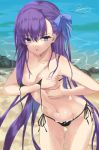  bare_shoulders beach bikini black_bikini blue_eyes breasts collarbone commentary_request covering covering_breasts cowboy_shot day fate/grand_order fate_(series) hair_ribbon highres kesoshirou leaning_forward long_hair meltlilith navel outdoors parted_lips purple_hair ribbon side-tie_bikini small_breasts solo string_bikini swimsuit untied untied_bikini very_long_hair water wet wet_hair 