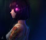 artist_name bangs black_hair breasts closed_mouth commentary english_commentary flower from_side headphones highres looking_away original short_hair solo tattoo trung_doan 