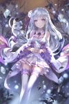  bare_shoulders breasts cat cleavage dress emilia_(re:zero) fantasy hair_ornament hair_ribbon highres kyurin_(sunnydelight) long_hair long_sleeves looking_at_viewer maid maid_headdress pleated_dress pointy_ears puck_(re:zero) purple_eyes re:zero_kara_hajimeru_isekai_seikatsu ribbon smile white_hair 