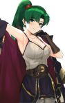  armpits bangs bare_shoulders belt belt_buckle blush breasts brown_gloves buckle camisole cleavage coat collarbone commentary cosplay elbow_gloves eyebrows_visible_through_hair faulds fire_emblem fire_emblem:_kakusei fire_emblem:_rekka_no_ken gloves green_eyes green_hair grey_camisole high_ponytail highres large_breasts long_hair looking_at_viewer lyndis_(fire_emblem) my_unit my_unit_(cosplay) my_unit_(fire_emblem:_kakusei) open_clothes open_coat ormille ponytail purple_coat red_scrunchie scrunchie simple_background smile solo white_background 