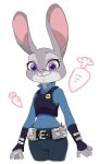  1girl animal_ears badge belt belt_pouch black_pants black_vest blue_shirt bunny_ears carrot cropped_legs female furry hatenakayubi judy_hopps long_sleeves looking_at_viewer no_humans pants police_badge police_uniform pouch purple_eyes shirt simple_background smile solo standing uniform vest white_background zootopia 