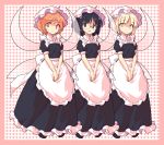  apron bangs black_eyes black_hair blonde_hair blunt_bangs border dairi dress eyebrows_visible_through_hair fairy_maid fairy_wings frilled_apron frilled_skirt frills frown full_body glasses hands_together hat head_tilt long_dress looking_at_viewer maid mob_cap multiple_girls open_mouth parted_bangs pink_background pink_border polka_dot polka_dot_background puffy_short_sleeves puffy_sleeves red_eyes red_hair rimless_eyewear short_sleeves silent_sinner_in_blue skirt smile standing touhou transparent_wings v_arms waist_apron wings yellow_eyes 